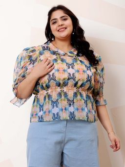 AAREIN - Blue Ample Printed Shirt Collar Puff Sleeves Peplum Top