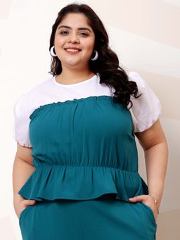 AAREIN - Green Ample Plus Size Colorblock Cotton Cinched Waist Top