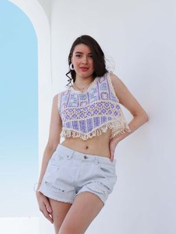 AAREIN - Self Design Fringed Crochet Cotton Crop Top