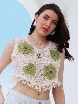 AAREIN - Self Design Fringed Crochet Cotton Crop Top