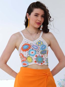 AAREIN - Self Design Shoulder Strap Fringed Cotton Fitted Crop Top