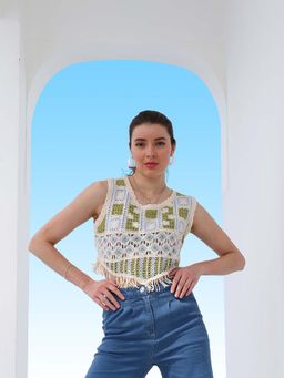 AAREIN - Self Design Fringed Crochet Cotton Crop Top