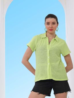 AAREIN - Green Collar Cotton Semi Sheer Casual Shirt