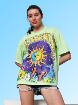 AAREIN - Green Women Printed Cotton Oversized T-shirt
