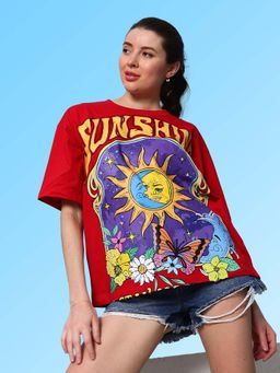 AAREIN - Red Women Printed Cotton Oversized T-shirt