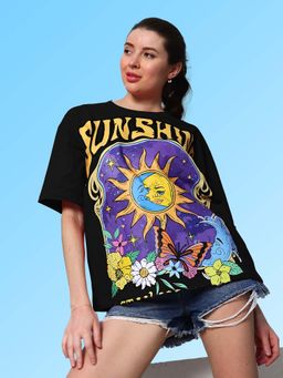 AAREIN - Black Women Printed Cotton Oversized T-shirt