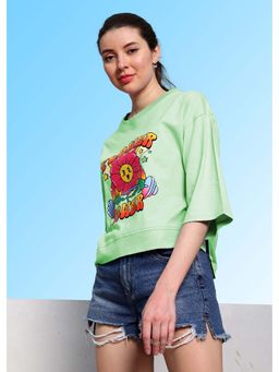 AAREIN - Women Green Printed Round Neck Cotton T-shirt