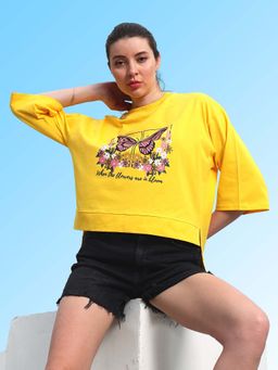 AAREIN - Women Yellow Printed Cotton Relaxed Fit T-shirt