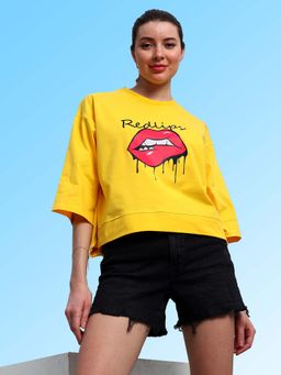 AAREIN - Women Yellow Printed Cotton Relaxed Fit T-shirt