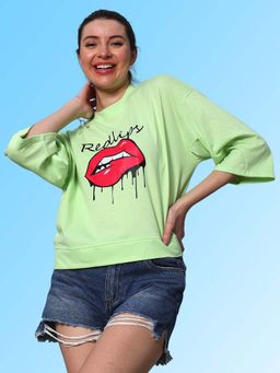 AAREIN - Women Green Printed Cotton Relaxed Fit T-shirt