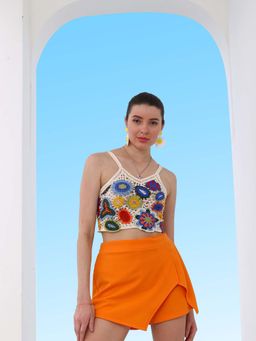 AAREIN - Self Design Shoulder Strap Fringed Cotton Fitted Crop Top