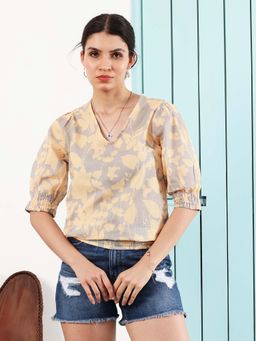 AAREIN - Women Grey Printed Bohemian Cotton Top