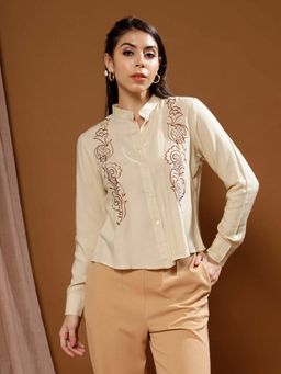 AAREIN - Cream Embroidered Mandarin Collar Cotton Shirt