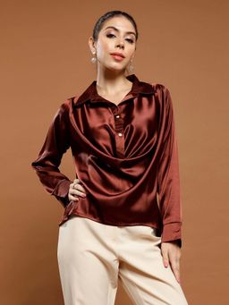 AAREIN - Brown Women Solid Collar Neck Shirt