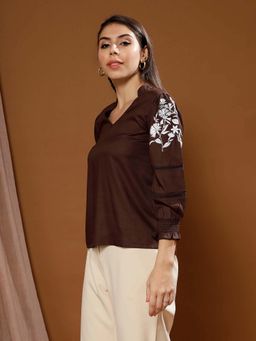 AAREIN - Women Brown Embroidered Blouson Top