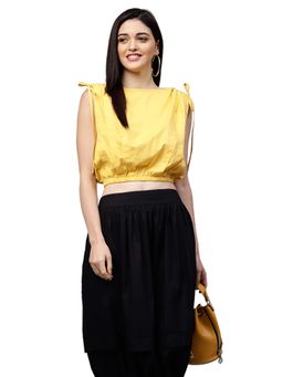 AAREIN - Yellow Solid Boat Neck Crop Top