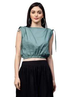 AAREIN - Blue Solid Boat Neck Crop Top