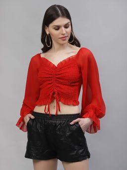 AAREIN - Red Sweetheart Neck Solid Georgette Crop Top