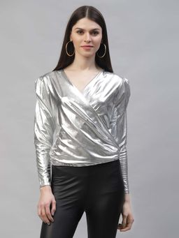 AAREIN - Silver Toned Puff Sleeves Sheen Wrap Top
