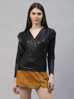 AAREIN - Black Toned Puff Sleeves Sheen Wrap Top