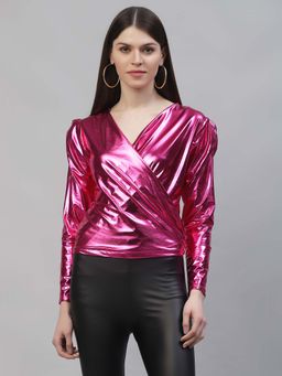 AAREIN - Pink Toned Puff Sleeves Sheen Wrap Top