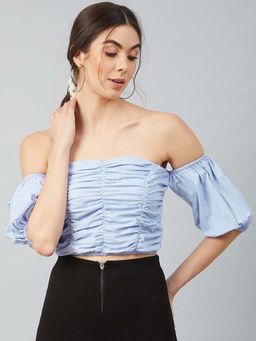 AAREIN - Women Blue Ruched Pure Cotton Bardot Crop Top