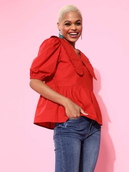 AAREIN - Women Stunning Red Sleek Collar Neck Top