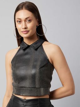 AAREIN - Black Leather Textured Crop Top