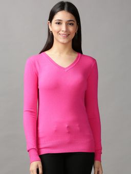 SHOWOFFFF - Womens V-Neck Fitted Solid Pink Longline Sweater