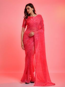 Odette - Pink Chiffon Sequins Embroidered Saree with Unstitched Blouse