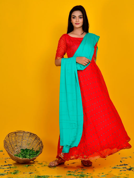 Buy Rangpur Red Bandhani Dress With Dupatta (Set of 2) Online