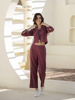 SANSKRUTIHOMES - Women Burgundy Pure Cotton Crop Top with Pant and Shrug (Set of 3)