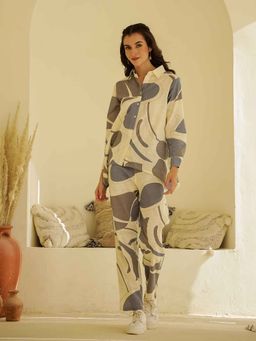 SAY - Women Beige Pure Cotton Shirt and Pant (Set of 2)