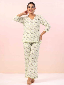SAY - Women Green Cotton Floral Full Sleeves Night Suit (Set of 2)