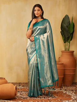Kasee - Women Teal Art Silk Woven Saree with Unstitched Blouse