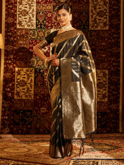 Kasee - Women Black Art Silk Woven Saree with Unstitched Blouse