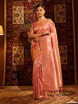 Kasee - Women Peach Art Silk Woven Saree with Unstitched Blouse
