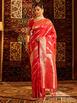 Kasee - Women Red Art Silk Woven Saree with Unstitched Blouse