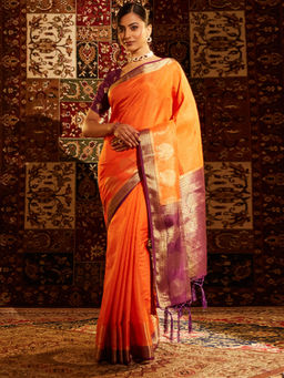 Kasee - Women Orange Art Silk Woven Saree with Unstitched Blouse