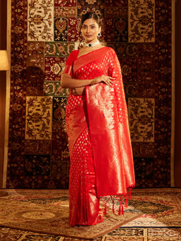 Kasee - Women Red Art Silk Woven Saree with Unstitched Blouse