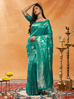 Kasee - Women Teal Art Silk Woven Saree with Unstitched Blouse