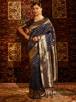 Kasee - Women Navy Blue Art Silk Woven Saree with Unstitched Blouse
