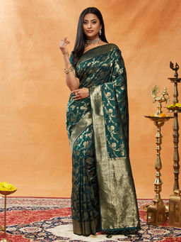 Kasee - Women Green Art Silk Woven Saree with Unstitched Blouse