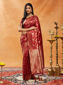 Kasee - Women Maroon Art Silk Woven Saree with Unstitched Blouse