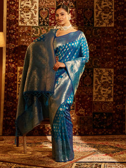Kasee - Women Blue Art Silk Woven Saree with Unstitched Blouse