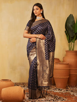 Kasee - Women Navy Blue Art Silk Woven Saree with Unstitched Blouse