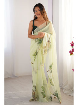 Mysilklove - Women Yellow Organza Floral Saree Without Blouse