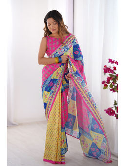 Mysilklove - Women Multi-Color Chinon Printed Saree Without Blouse