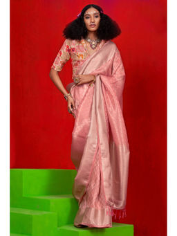 Mysilklove - Women Peach Tissue Woven Saree Without Blouse