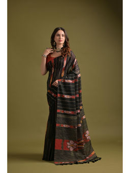 Mysilklove - Women Black Cotton Printed Saree Without Blouse